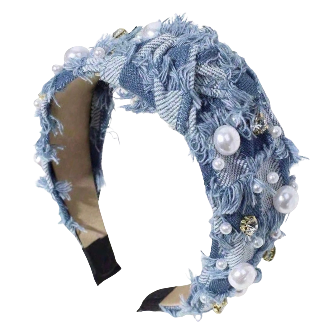 Pearl Bling Headband ~ Distressed Denim